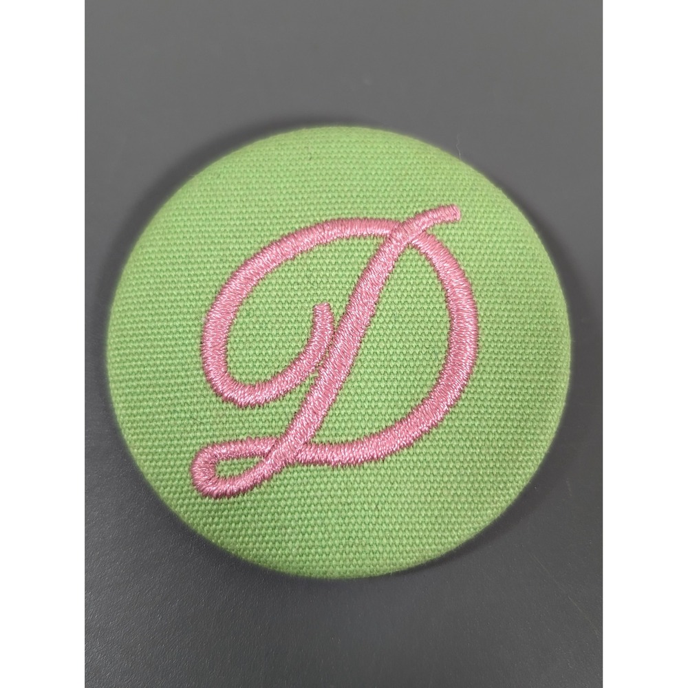 Green Fabric Pink Embroidered Letter D Initial Round Brooch Pin Retro